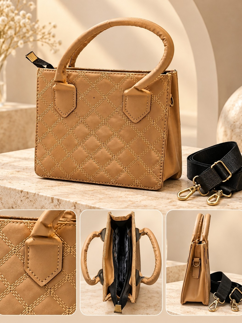 Quilted Top-Handle Satchel in Tan with Detachable Strap